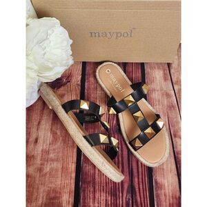 MAYPOL Raffia Trim Studded Leather Sandals Size 8